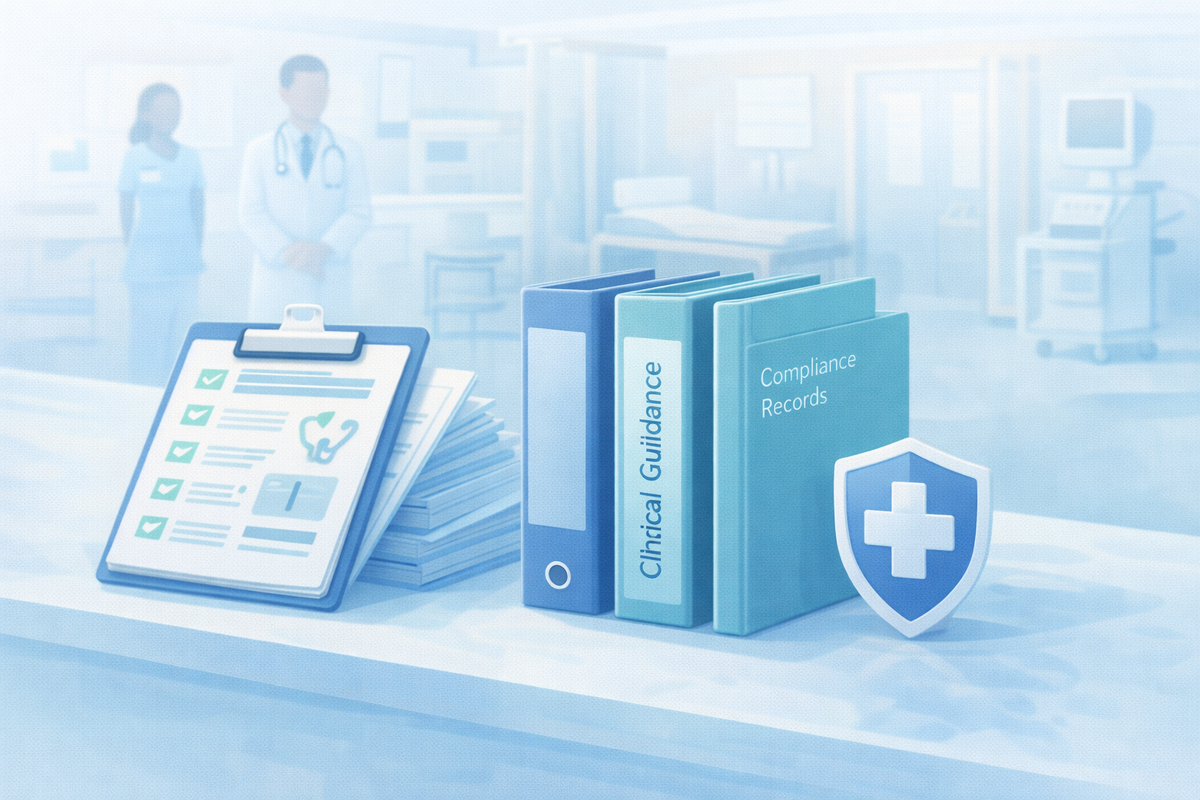 Healthcare professionals accessing clinical guidance and compliance documentation
