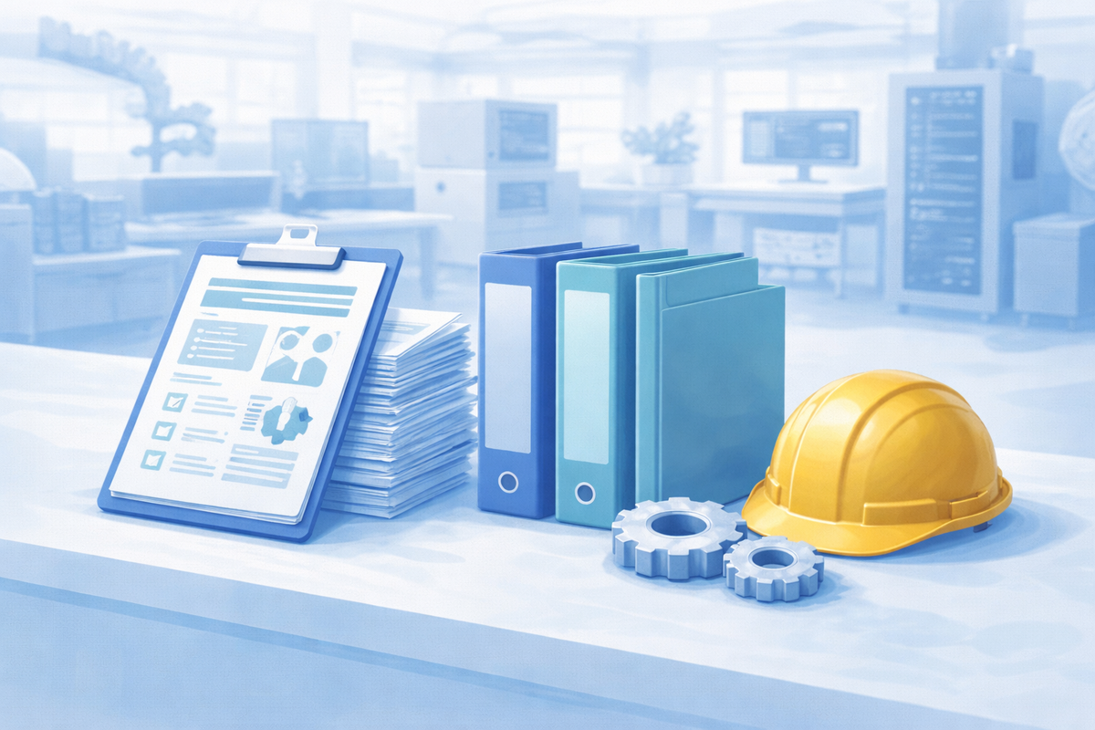 Manufacturing facility with production reports and quality documentation