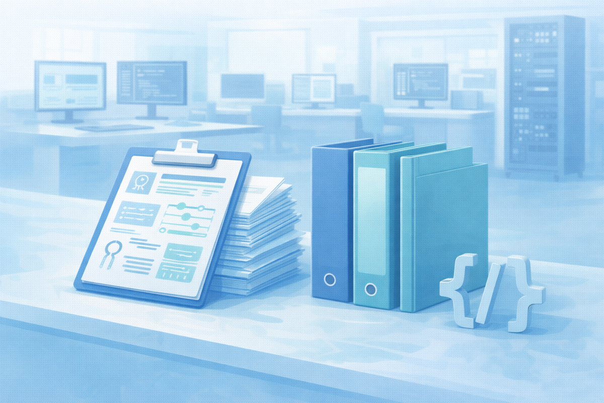 Technology team working with technical documentation and product specs