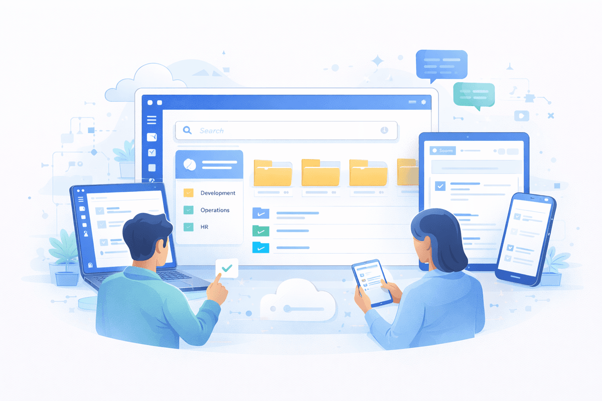 Team members interacting with the Condelo platform on multiple devices