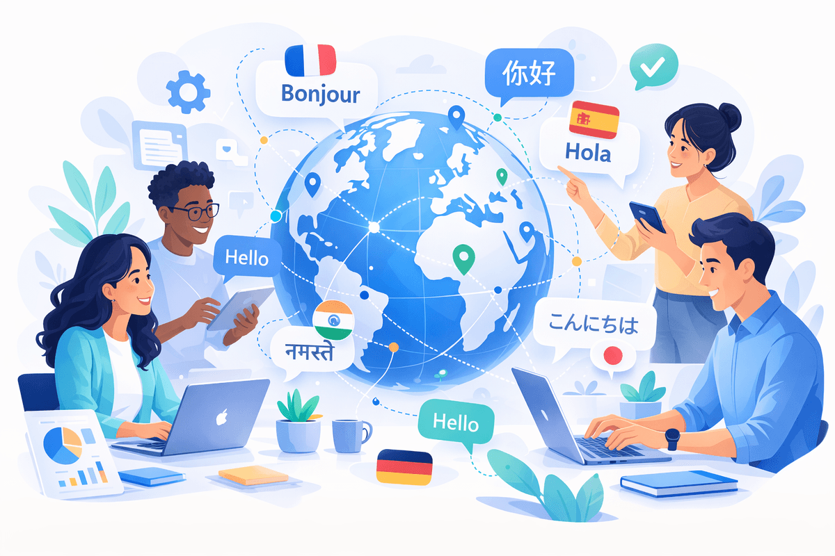 Globe with connected nodes representing multilingual support