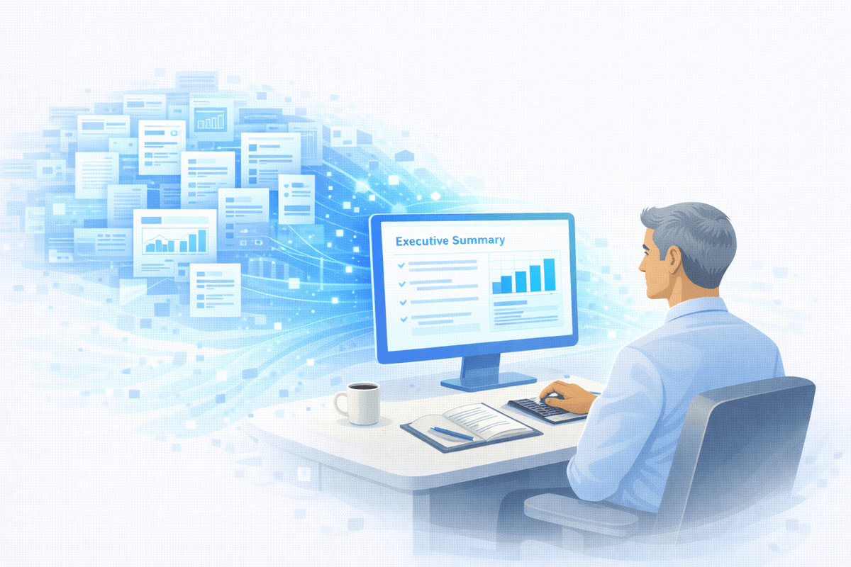 Leader viewing a concise executive summary on screen