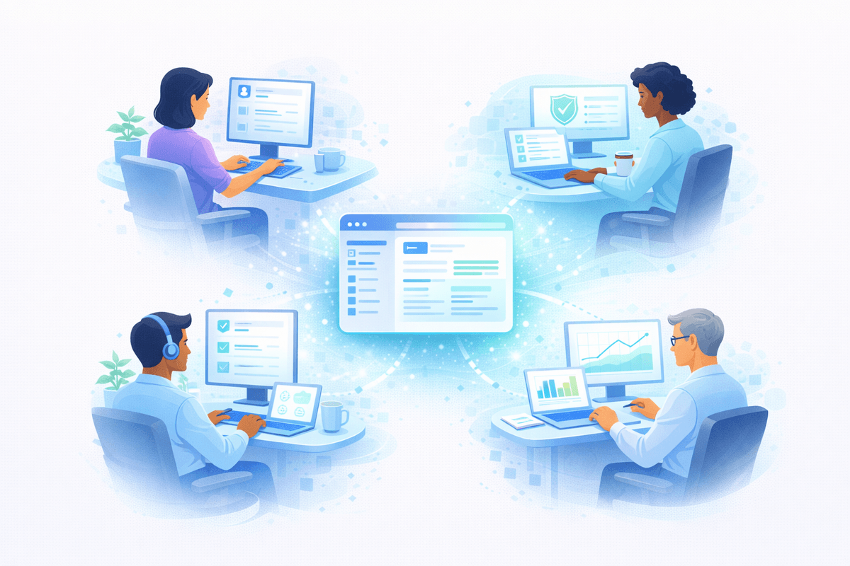 Four professional personas connected to a central knowledge platform